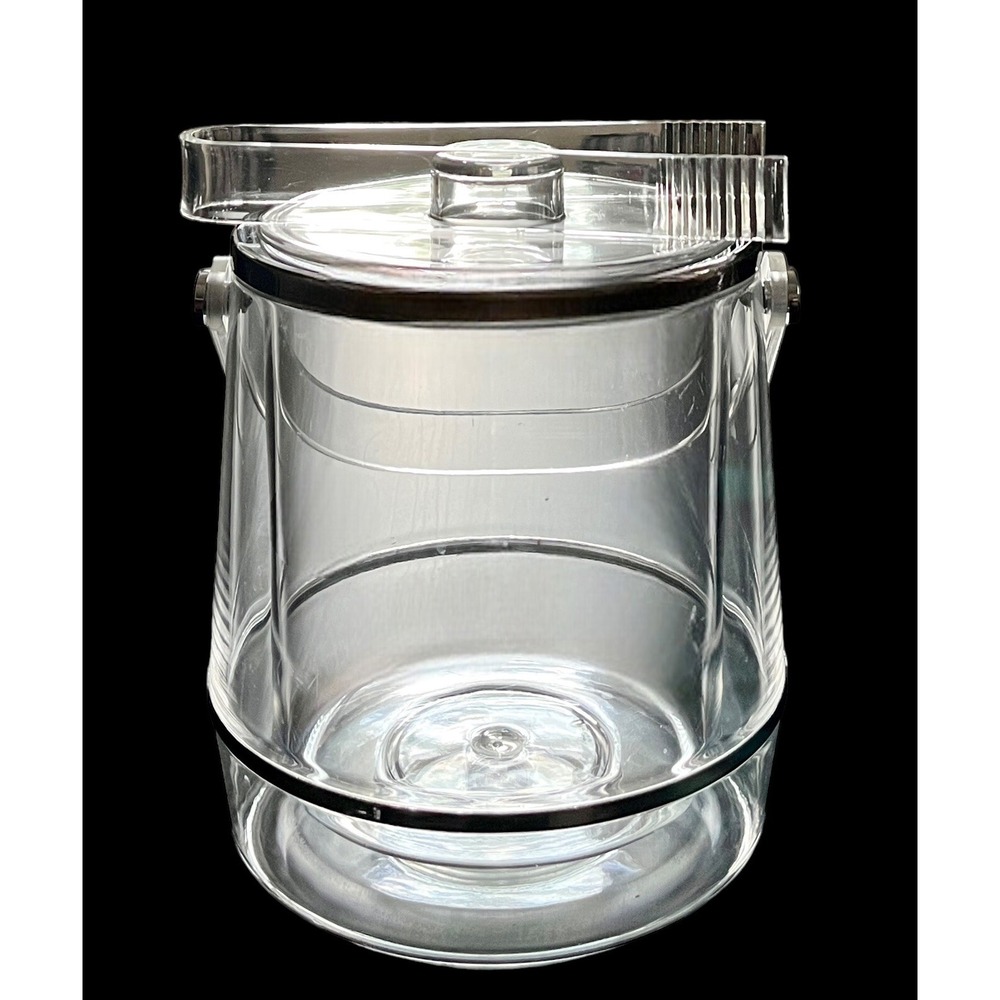 MCM Clear Lucite‎ Acrylic Ice Bucket w Lid Handle Tongs Silver Trim Excellent